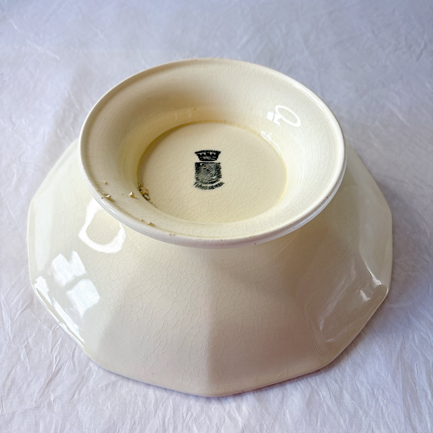 サンタマン １２角形コンポート皿 コンポティエ アイボリー フランスアンティーク食器 ブロカント 蚤の市