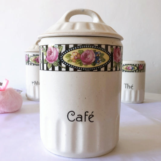 フランスアンティーク 陶器キャニスター ローズ柄 CAFE フランスアンティーク食器 ブロカント 蚤の市