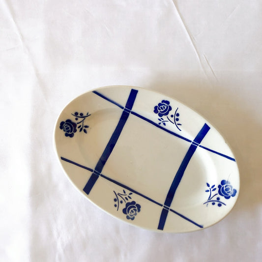 バドンヴィレー Badonviller バラ柄ラヴィエ 前菜皿 オーバルプレート ブルーxホワイト ブロカントフランスアンティーク食器 ヴィンテージ食器 ブロカント 蚤の市