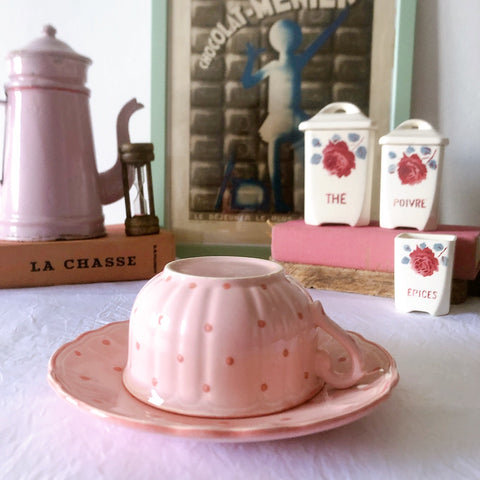サラン SALINS 花リムカップアンドソーサー　ピンクドット柄　フランスアンティーク食器 フランス蚤の市・ブロカント