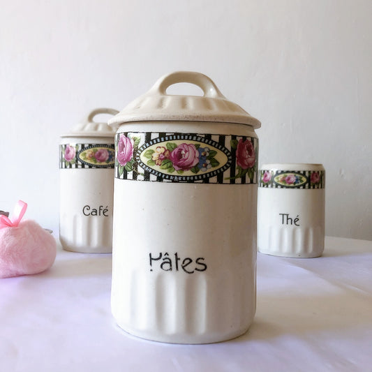 フランスアンティーク 陶器キャニスター ローズ柄 PATE フランスアンティーク食器 ブロカント 蚤の市