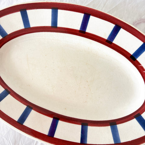 クレイユモントロー HBCM Béarn  バスク柄ラヴィエ オーバル皿  「レッドｘブルー」フランスアンティーク食器 ブロカント 蚤の市　バスク柄アンティーク