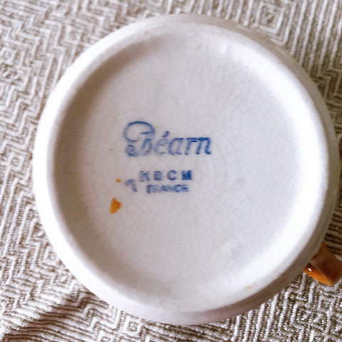 クレイユモントロー HBCM Béarn バスク柄 カップ＆ソーサー「イエローｘブルー」A フランスアンティーク食器　ブロカントアンティーク　蚤の市