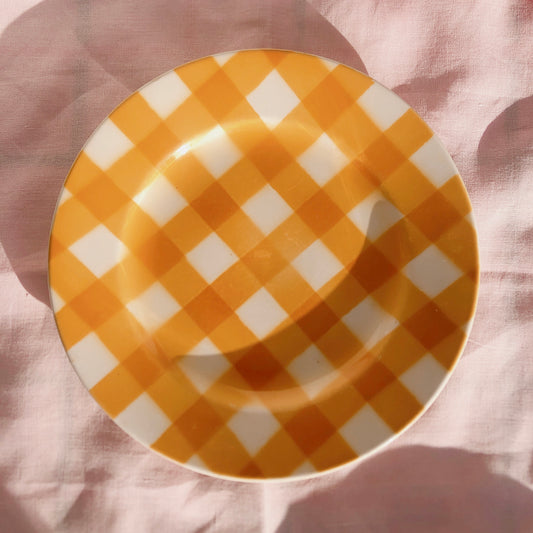 ヴィンテージ チェック柄プレート イエローホワイト フランスアンティーク食器 ブロカント 蚤の市