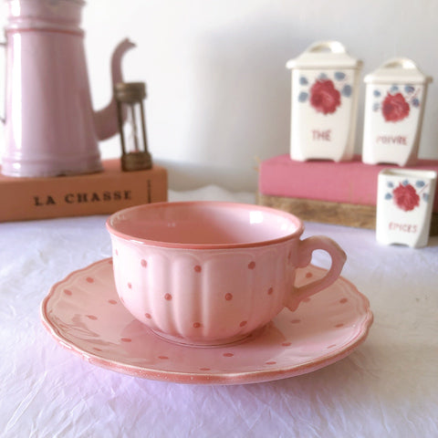 サラン SALINS 花リムカップアンドソーサー　ピンクドット柄　フランスアンティーク食器 フランス蚤の市・ブロカント