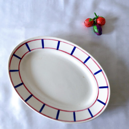 ディゴワンサルグミンヌ 『BASQUE』バスク柄オーバル皿 31㎝ ルージュ・マリン フランスアンティーク食器 フランス蚤の市・ブロカントアンティーク