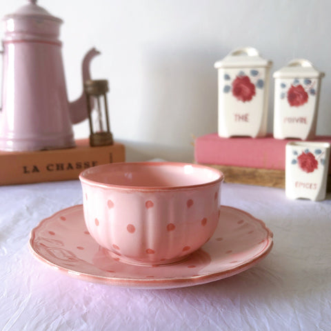 サラン SALINS 花リムカップアンドソーサー　ピンクドット柄　フランスアンティーク食器 フランス蚤の市・ブロカント