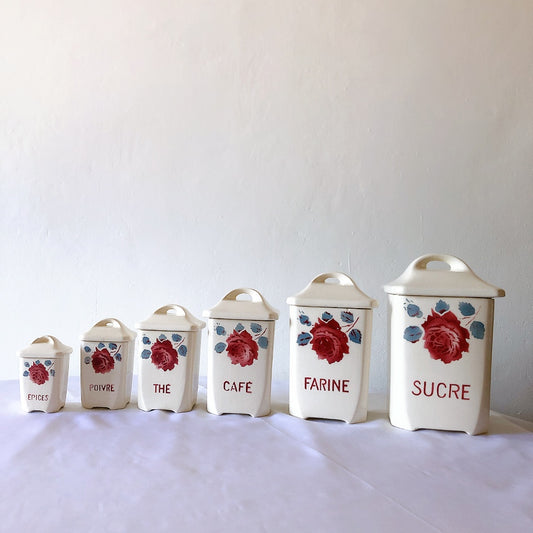 フランスアンティーク バドンヴィレー バラ柄陶器キャニスター 6点セット フランスアンティーク食器 ブロカントアンティーク 蚤の市