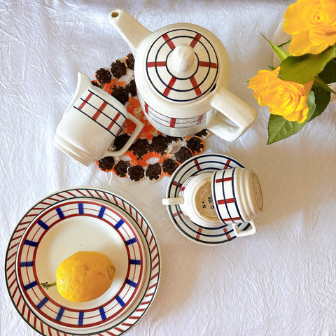 フランスアンティーク サンタマン　バスク柄 カフェオレポット / コーヒーポット
 「ルージュxマリン」フランスアンティーク食器　ブロカント　蚤の市