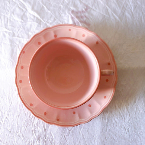 サラン SALINS 花リムカップアンドソーサー　ピンクドット柄　フランスアンティーク食器 フランス蚤の市・ブロカント