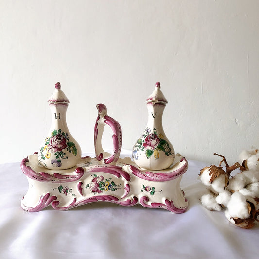 フランスアンティーク オイル&ヴィネガーボトルセット トレイ付き 手描きフラワーブーケ フランスアンティーク食器 蚤の市 ブロカントアンティーク