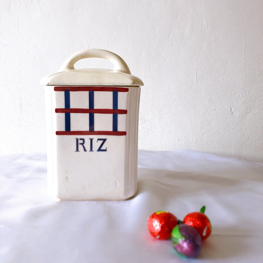 クレイユエモントロー HBCM Béarn バスク柄 陶器キャニスター 「ルージュ・マリン」RIZ フランスアンティーク食器 ブロカントアンティーク 蚤の市