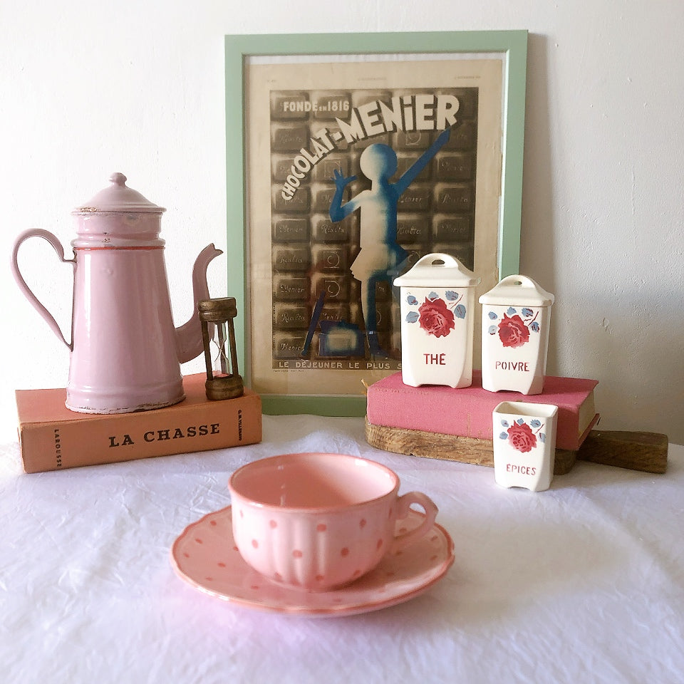 サラン SALINS 花リムカップアンドソーサー　ピンクドット柄　フランスアンティーク食器 フランス蚤の市・ブロカント