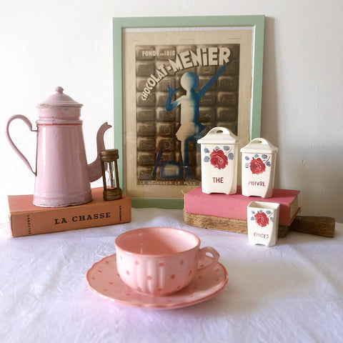 サラン SALINS 花リムカップアンドソーサー　ピンクドット柄　フランスアンティーク食器 フランス蚤の市・ブロカント