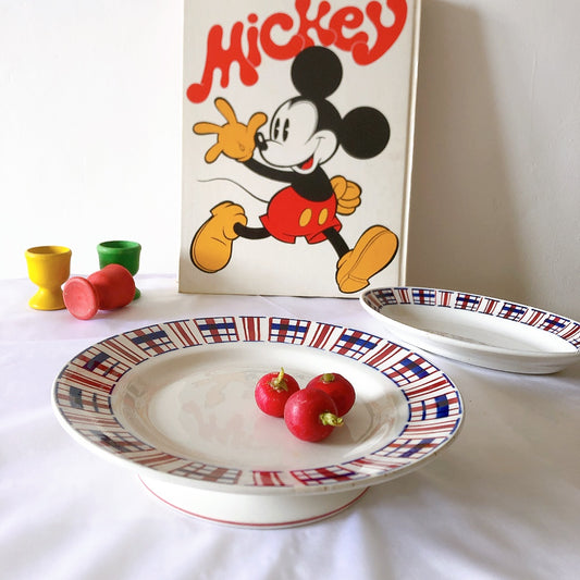 サンタマン バスク柄ケーキスタンド コンポート皿 コンポティエ「レッドxブルー」幾何学模様 ジオメトリック柄フランスアンティーク食器 ブロカント 蚤の市