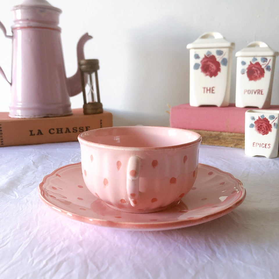 サラン SALINS 花リムカップアンドソーサー　ピンクドット柄　フランスアンティーク食器 フランス蚤の市・ブロカント