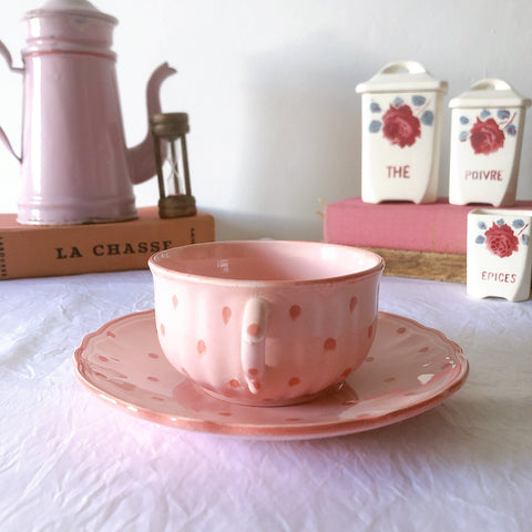 サラン SALINS 花リムカップアンドソーサー　ピンクドット柄　フランスアンティーク食器 フランス蚤の市・ブロカント