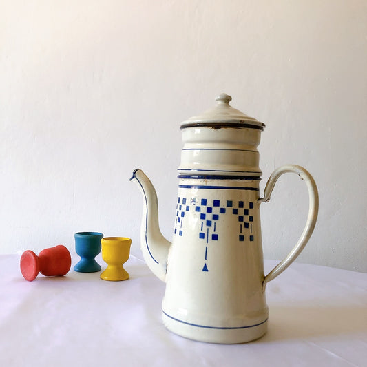 フランスアンティーク ホーロー製ポット/カフェティエール コーヒーポット 白xブルー柄 フランスアンティーク・ビンテージ雑貨 ブロカント 蚤の市