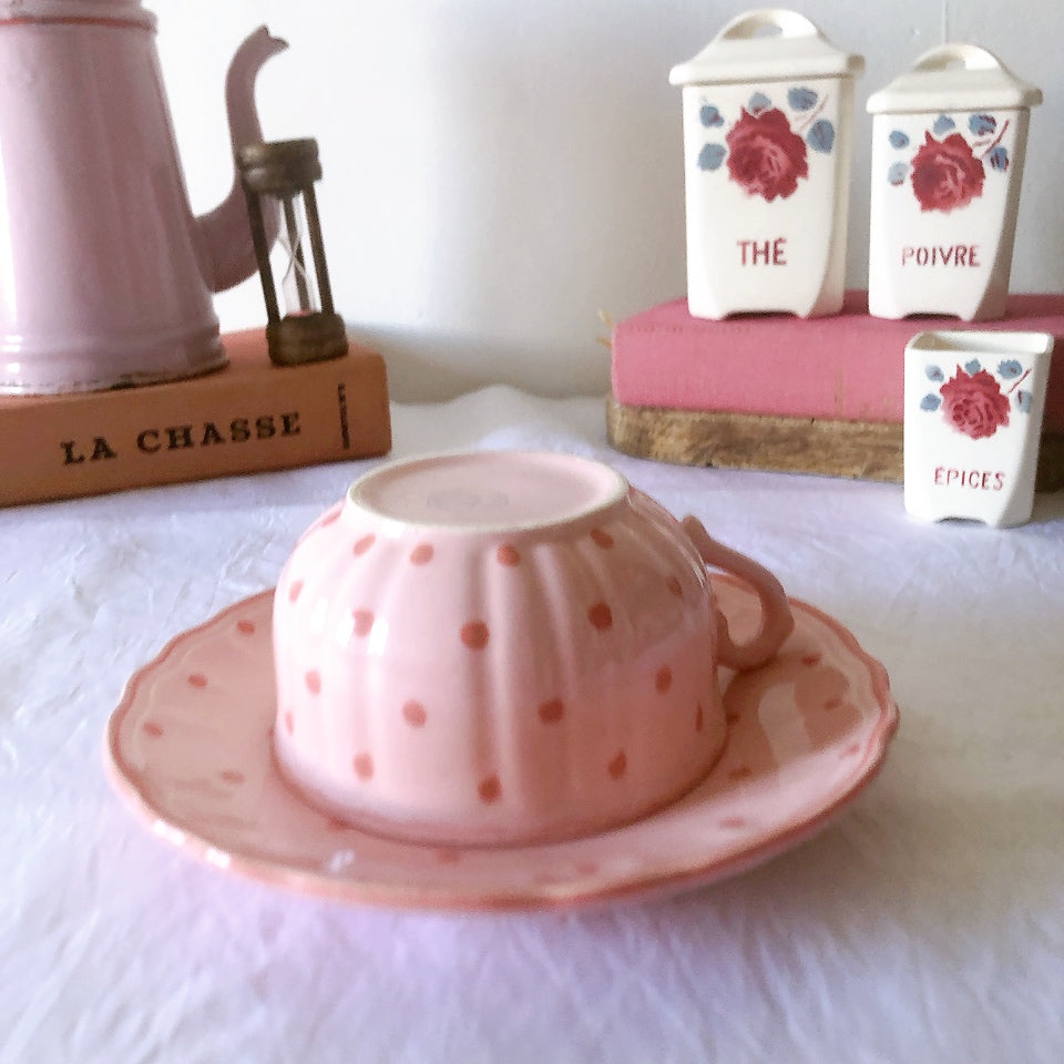 サラン SALINS 花リムカップアンドソーサー　ピンクドット柄　フランスアンティーク食器 フランス蚤の市・ブロカント