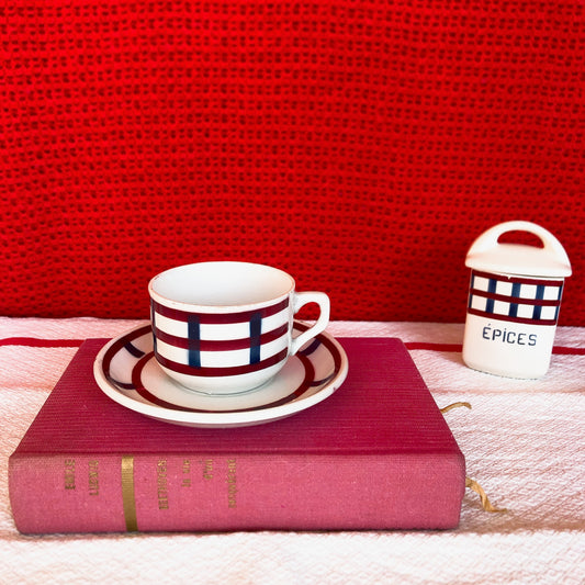 バドンヴィレー カップアンドソーサー バスク柄 『ルージュ・ブルー』E フランスアンティーク食器 バスク柄アンティーク 蚤の市