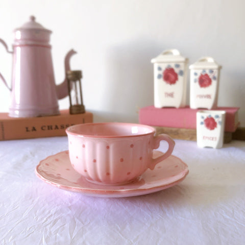 サラン SALINS 花リムカップアンドソーサー　ピンクドット柄　フランスアンティーク食器 フランス蚤の市・ブロカント