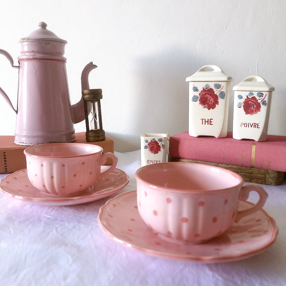 サラン SALINS 花リムカップアンドソーサー　ピンクドット柄　フランスアンティーク食器 フランス蚤の市・ブロカント