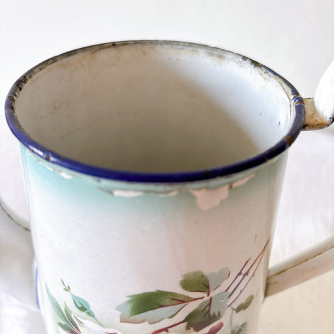 フランスアンティーク ホーロー製コーヒーポット　カフェティエール　薔薇柄　ブルーぼかし　ブロカント　蚤の市