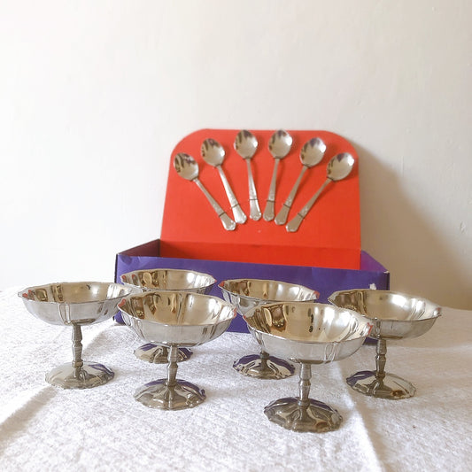 フランスアンティーク 花リムアイスクリームカップ&スプーン 6個セット イノックス フランスアンティーク食器 フランスブロカント 蚤の市