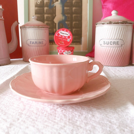 サラン SALINS 花リムカップ&ソーサー ピンク フランスアンティーク食器 フランス蚤の市・ブロカント