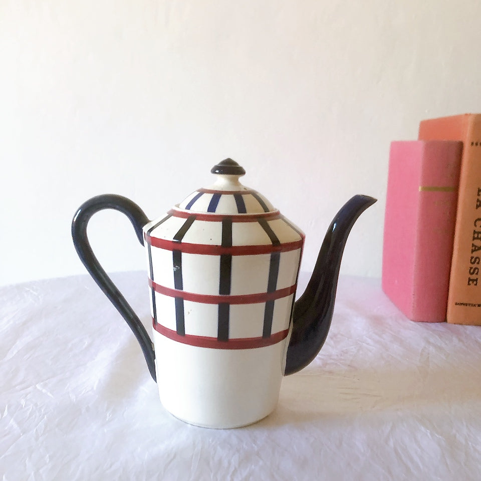 クレイユモントロー HBCM Béarn バスク柄 コーヒー／ティポット「レッド・ブルー」フランスアンティーク食器 ブロカント 蚤の市　アンティーク食器 バスク柄アンティーク