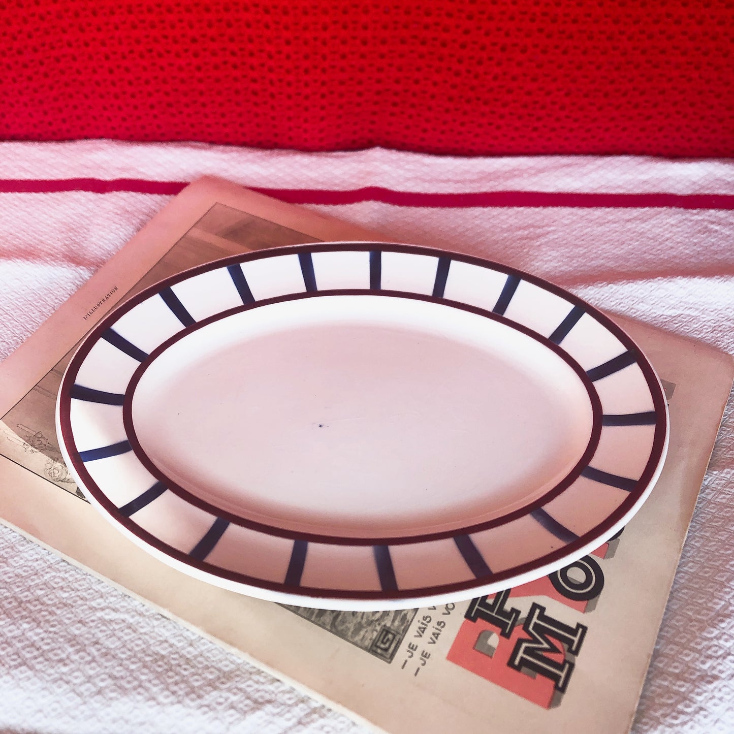 ご予約❤️クレイユモントロー HBCM Béarn バスク柄 オーバル皿 楕円形大皿「ボルドー・ダークブルー」フランスアンティーク・食器・皿・プレート ブロカント