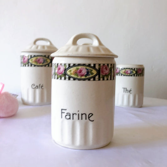 フランスアンティーク 陶器キャニスター ローズ柄 FATINE フランスアンティーク食器 ブロカント 蚤の市