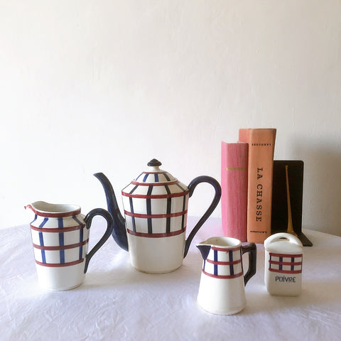 クレイユモントロー HBCM Béarn バスク柄 コーヒー／ティポット「レッド・ブルー」フランスアンティーク食器 ブロカント 蚤の市　アンティーク食器 バスク柄アンティーク