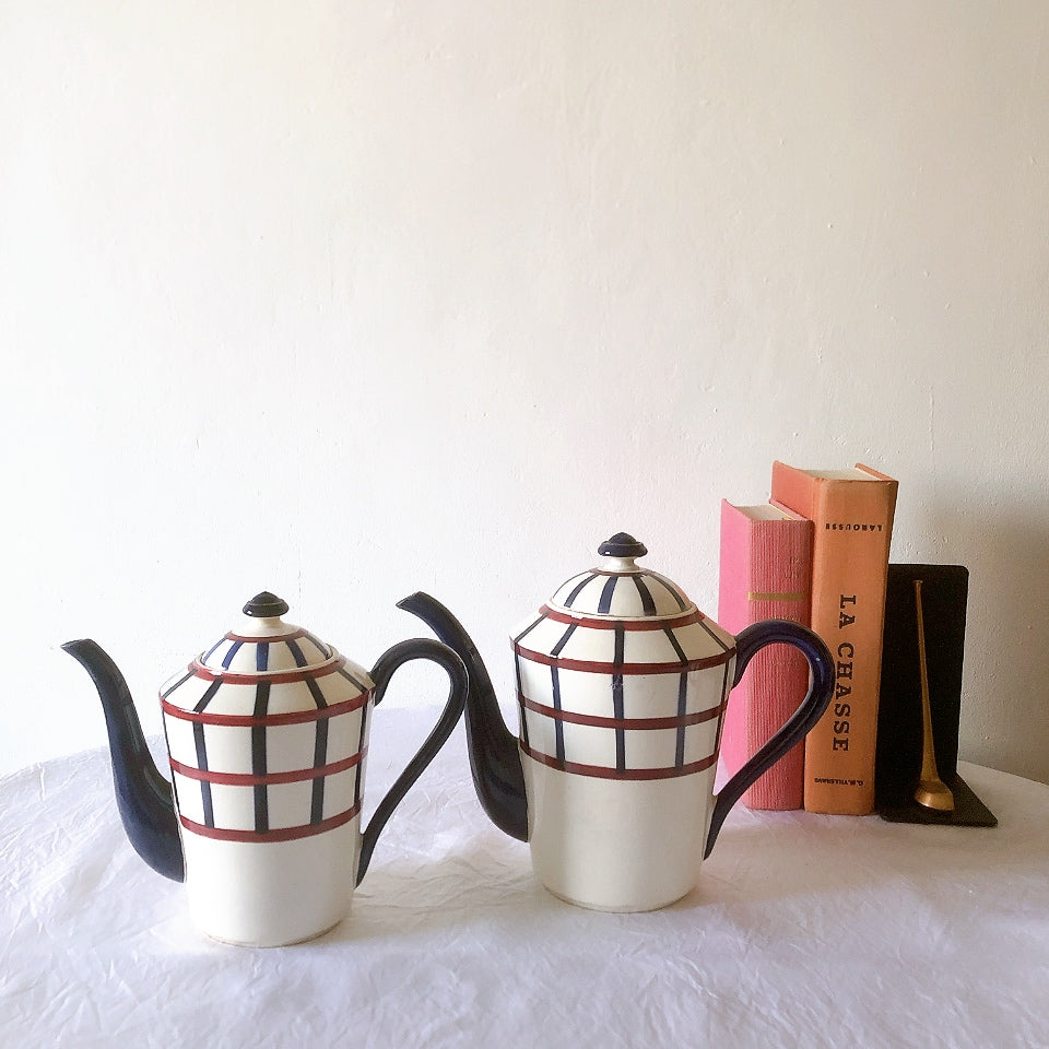 クレイユモントロー HBCM Béarn バスク柄 コーヒー／ティポット「レッド・ブルー」フランスアンティーク食器 ブロカント 蚤の市　アンティーク食器 バスク柄アンティーク