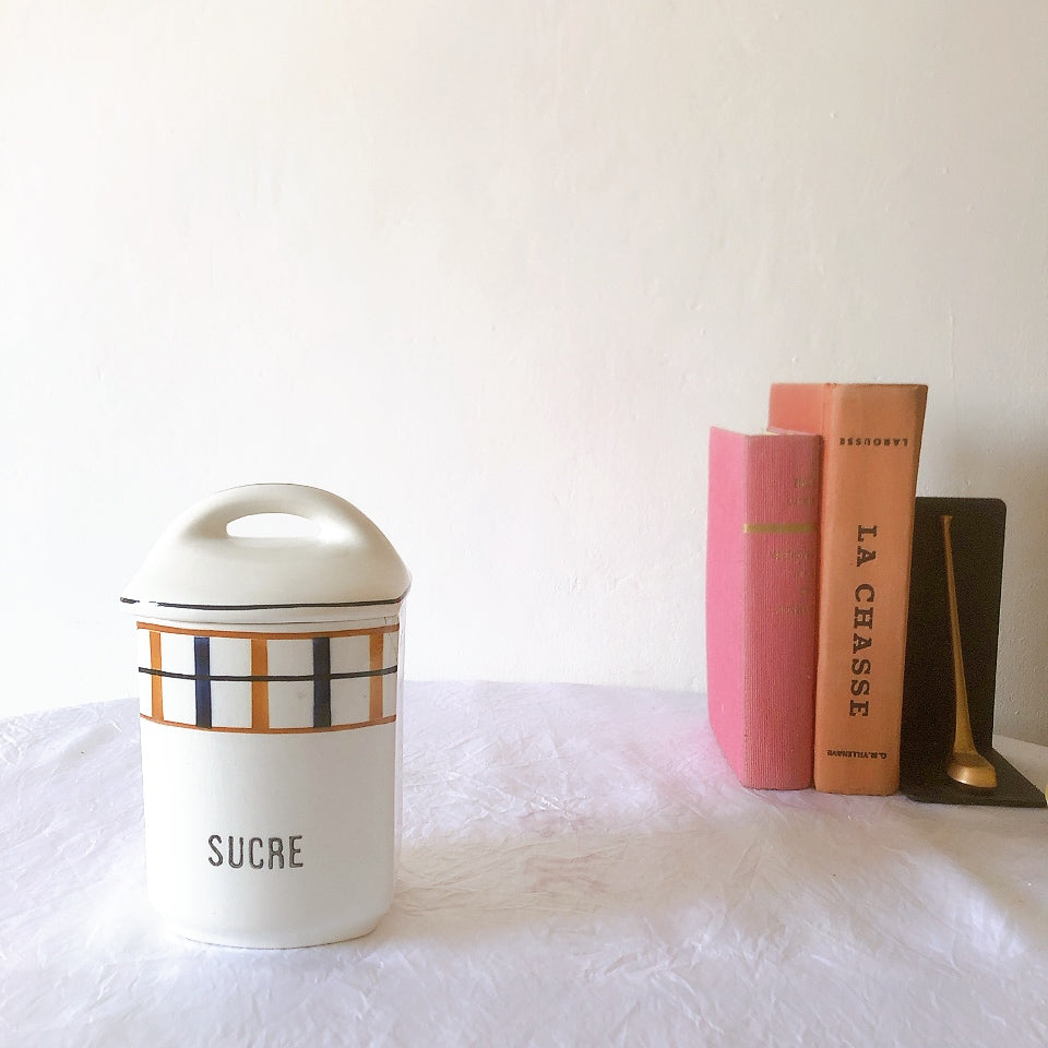 フランスアンティーク サンタマン バスク柄陶器キャニスター 「イエロー・ブルー」 フランスアンティーク食器　ブロカント　蚤の市