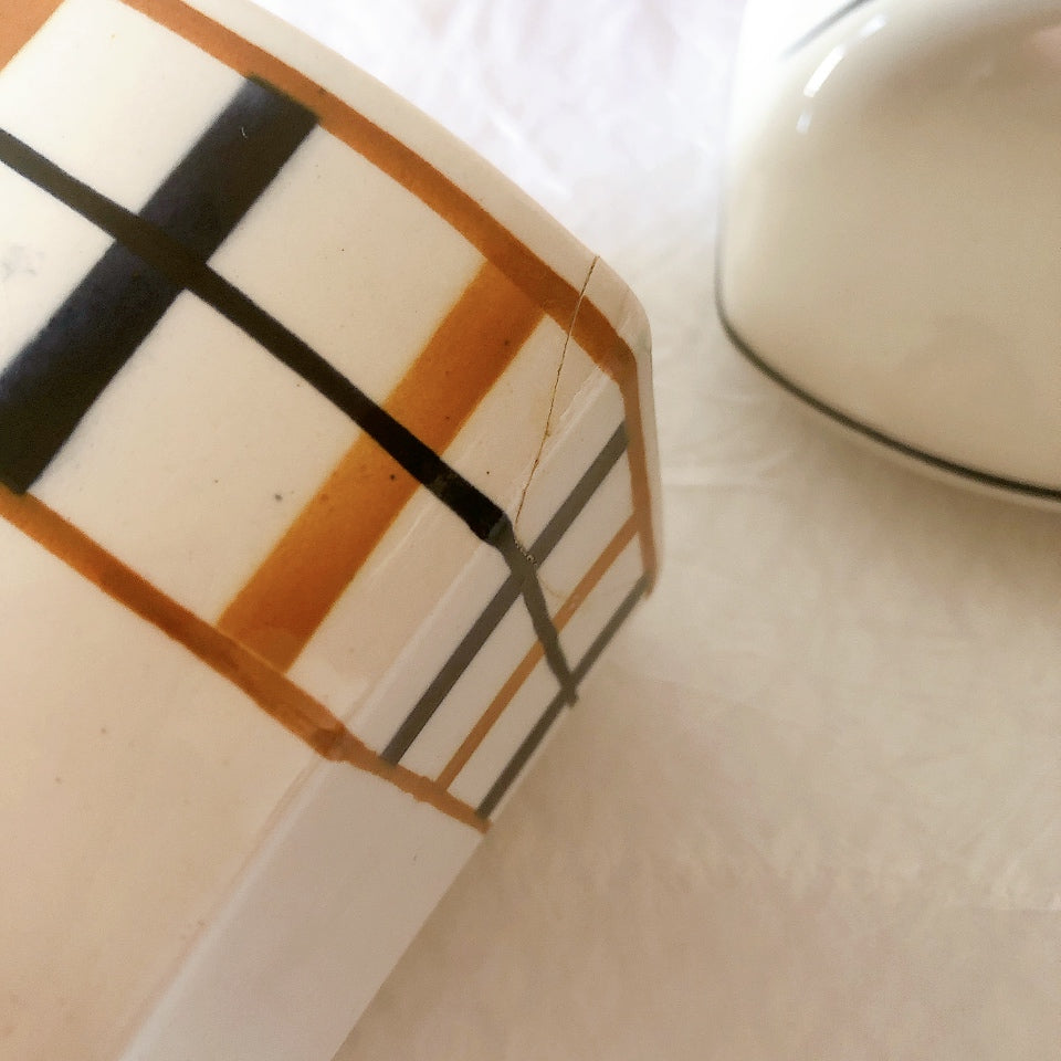 フランスアンティーク サンタマン バスク柄陶器キャニスター 「イエロー・ブルー」 フランスアンティーク食器　ブロカント　蚤の市