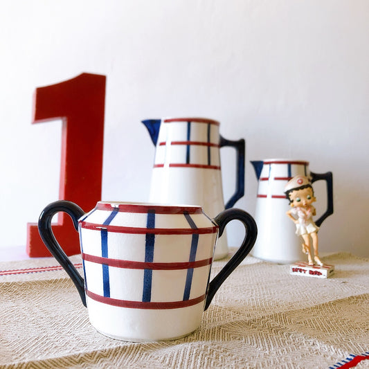 クレイユモントロー HBCM Béarn バスク柄 シュガーポット 蓋なし「レッドxブルー」フランスアンティーク食器 ブロカントアンティーク