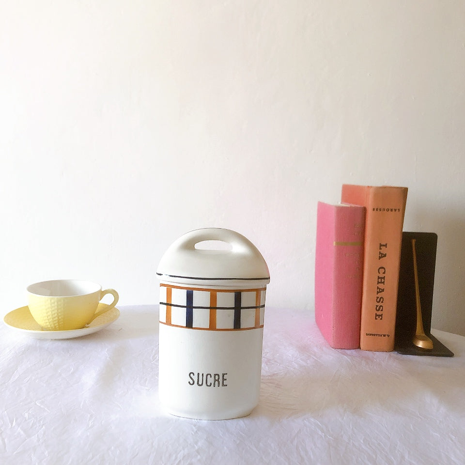 フランスアンティーク サンタマン バスク柄陶器キャニスター 「イエロー・ブルー」 フランスアンティーク食器　ブロカント　蚤の市