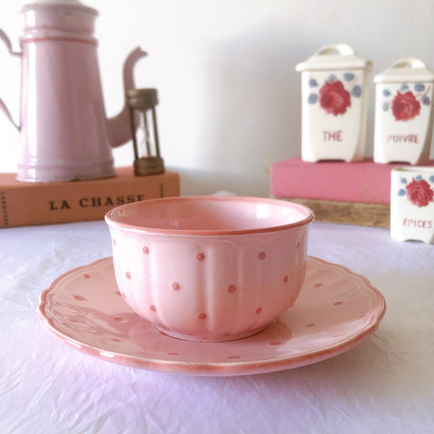 サラン SALINS 花リムカップアンドソーサー　ピンクドット柄　フランスアンティーク食器 フランス蚤の市・ブロカント
