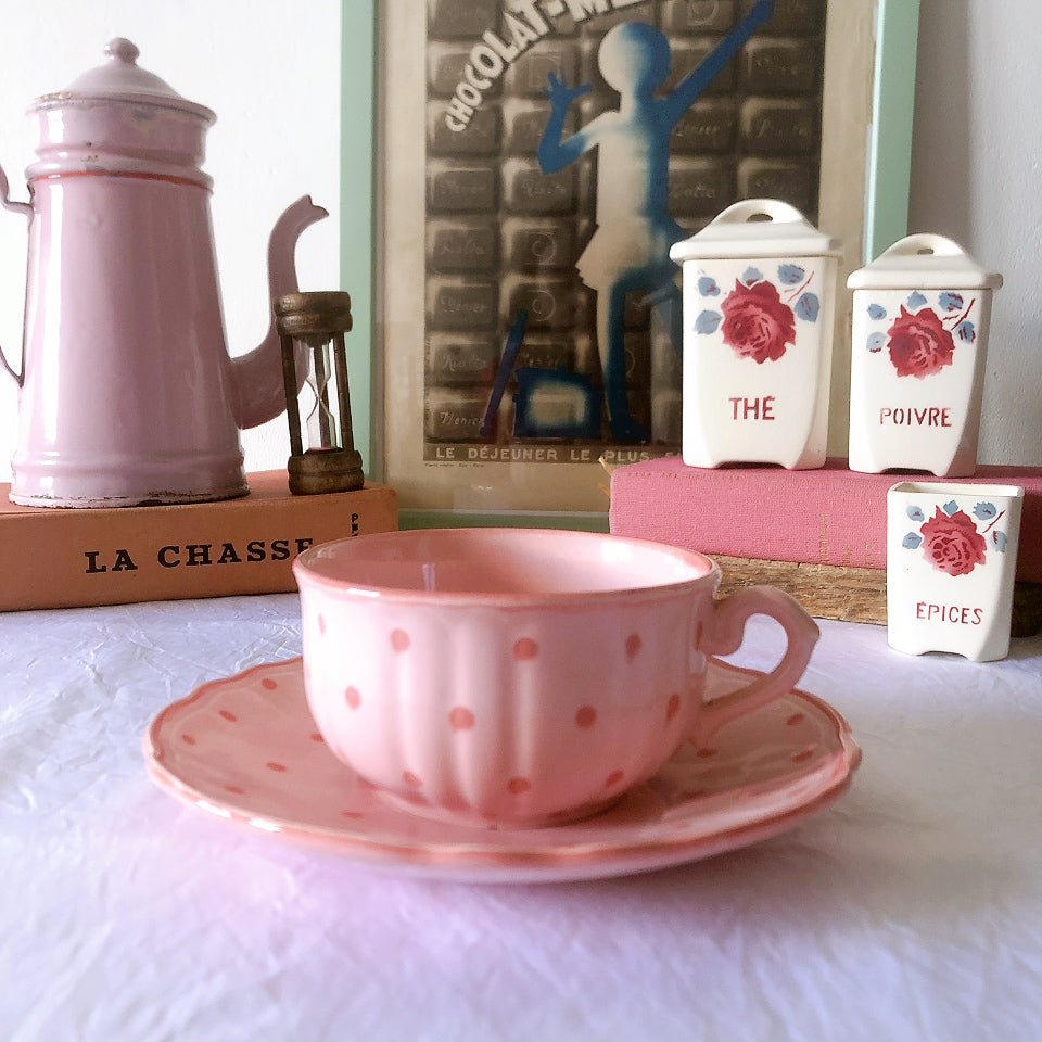 サラン SALINS 花リムカップアンドソーサー　ピンクドット柄　フランスアンティーク食器 フランス蚤の市・ブロカント