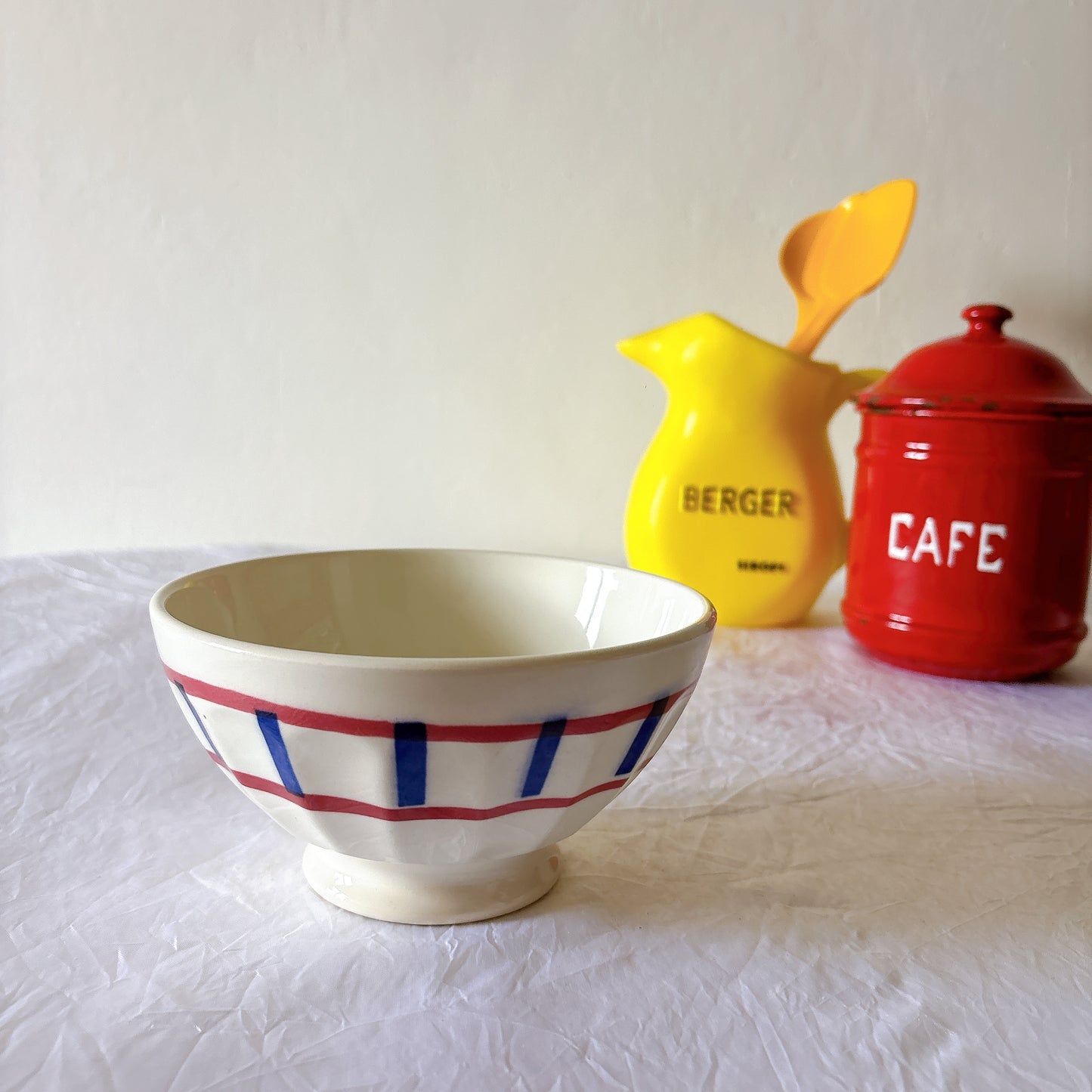 バスク柄 カフェオレボウル「赤×青」 フランスアンティーク食器 ブロカント