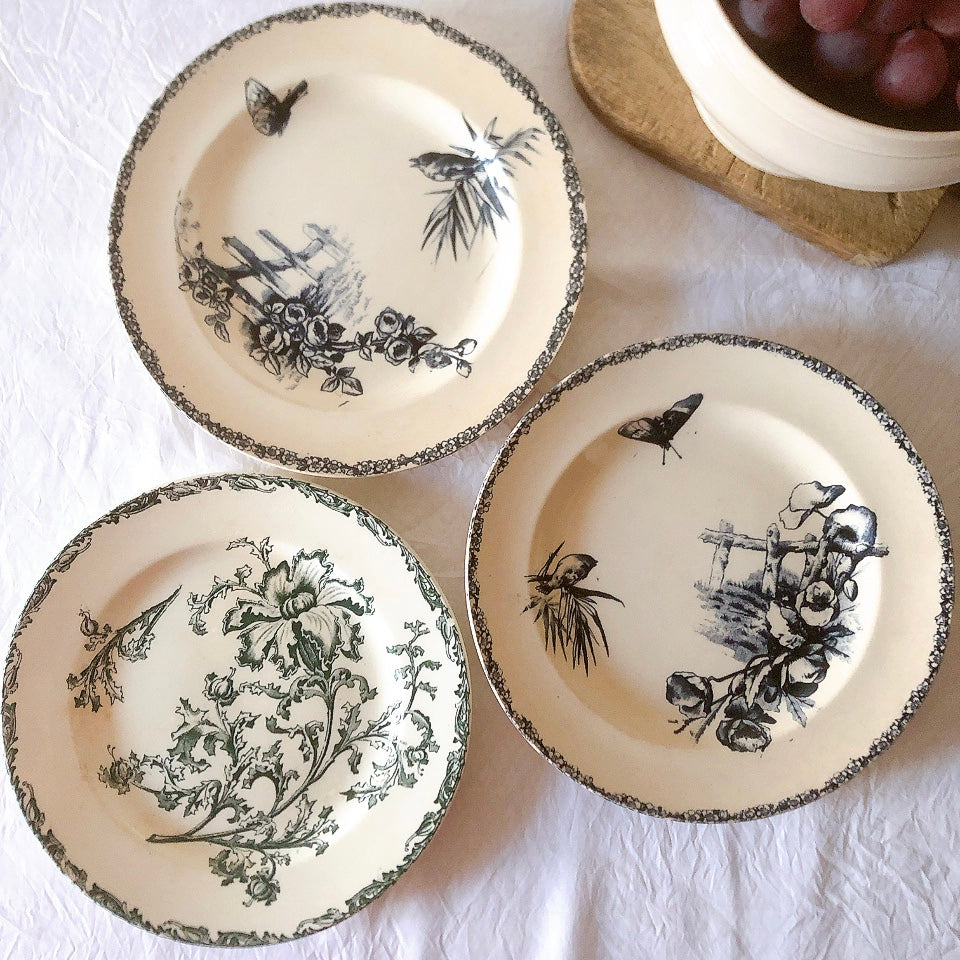 フランスアンティーク  GRAND DEPOT E.Bourgeois グランデポ エミールブルジョワ　蝶鳥柄　ディナープレート 平皿 フランスアンティーク食器 ブロカント 蚤の市