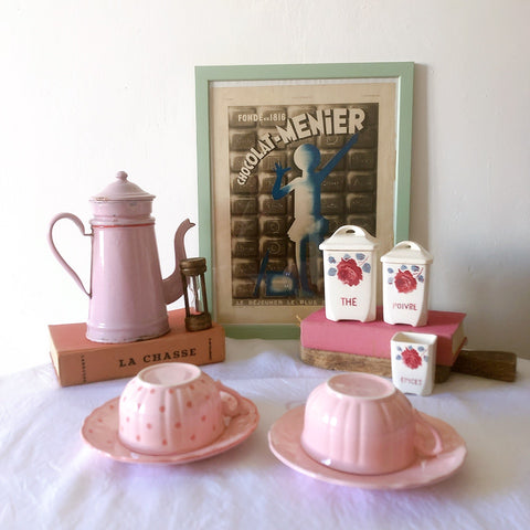 サラン SALINS 花リムカップアンドソーサー　ピンクドット柄　フランスアンティーク食器 フランス蚤の市・ブロカント