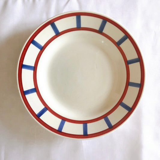 フランスアンティーク HBCM Béarn クレイユエモントロー バスク柄デザートプレート 18.5cm a レッドxブルー フランスアンティーク食器 ブロカント 蚤の市