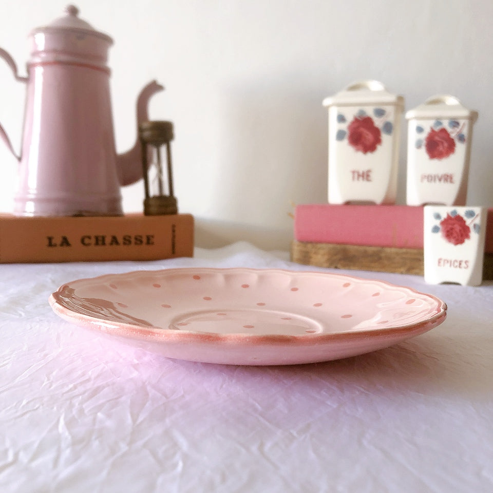 サラン SALINS 花リムカップアンドソーサー　ピンクドット柄　フランスアンティーク食器 フランス蚤の市・ブロカント