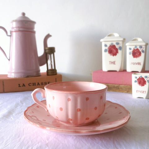 サラン SALINS 花リムカップアンドソーサー　ピンクドット柄　フランスアンティーク食器 フランス蚤の市・ブロカント