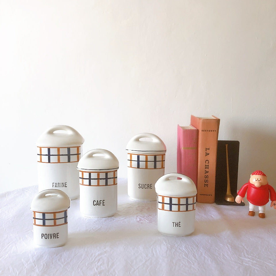 フランスアンティーク サンタマン バスク柄陶器キャニスター 「イエロー・ブルー」 フランスアンティーク食器　ブロカント　蚤の市