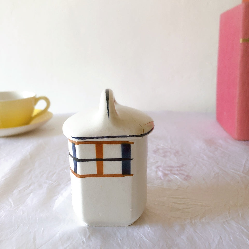 フランスアンティーク サンタマン バスク柄陶器キャニスター 「イエロー・ブルー」 フランスアンティーク食器　ブロカント　蚤の市