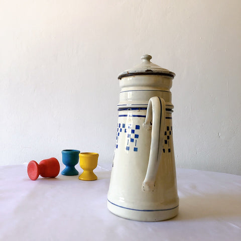 フランスアンティーク　ホーロー製ポット／カフェティエール　コーヒーポット　白xブルー柄　フランスアンティーク・ビンテージ雑貨　ブロカント　蚤の市