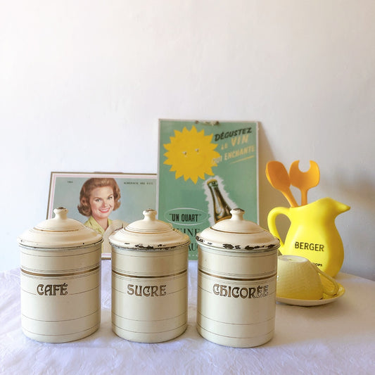 フランスアンティーク ホーロー製キャニスター ゴールド&パールホワイト ブカント雑貨 蚤の市